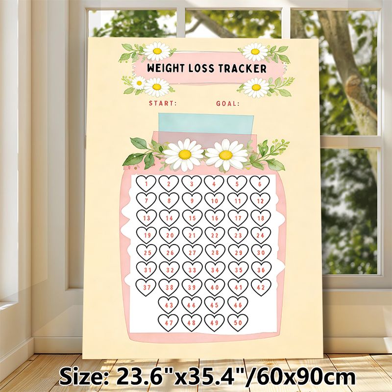 Weight Loss Tracker Painting Poster, Soft Watercolor Floral Poster, Daisy-adorned Heart Grid Design To Track Weight Loss Progress, Ideal For Home_maomaolike.com