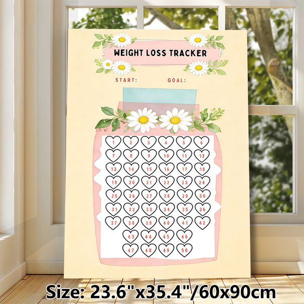 Weight Loss Tracker Painting Poster, Soft Watercolor Floral Poster, Daisy-adorned Heart Grid Design To Track Weight Loss Progress, Ideal For Home_maomaolike.com