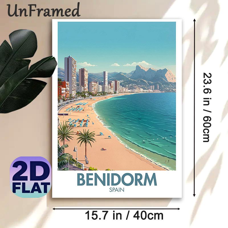 Benidorm Spain Coastal City Painting Poster, Vibrant Retro Travel Style Poster, Sunny Beach & High-rise Skyline Design, Brings Calm Coastal Atmosphere_maomaolike.com