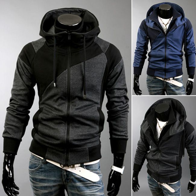 Men's Clothing Autumn and Winter New Men's Personality Colorblock Double Zipper Hooded Cardigan Slim Sweater 702_maomaolike.com