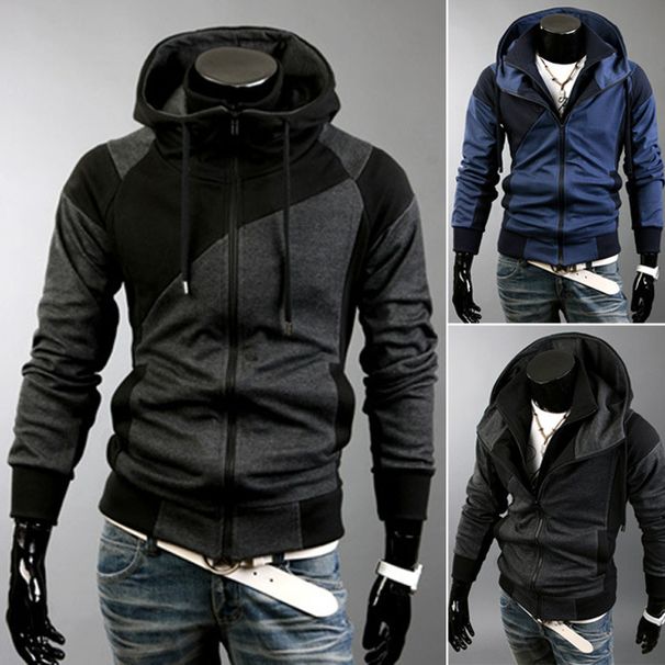 Men's Clothing Autumn and Winter New Men's Personality Colorblock Double Zipper Hooded Cardigan Slim Sweater 702_maomaolike.com