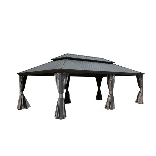 14x22FT Hardtop Gazebo, Outdoor Gazebo With Galvanized Steel Double Roof, Aluminum Frame, Built-in Gutter System, Curtain And Netting, Metal Gazebo Pavilion For Patio Deck Garden, Grey_maomaolike.com