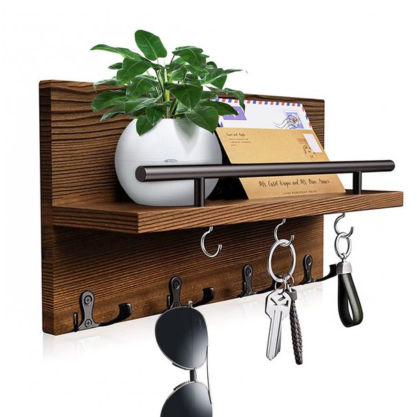 Wall-mounted wooden key rack entrance living room porch decoration rack double key hook sundries storage rack_maomaolike.com