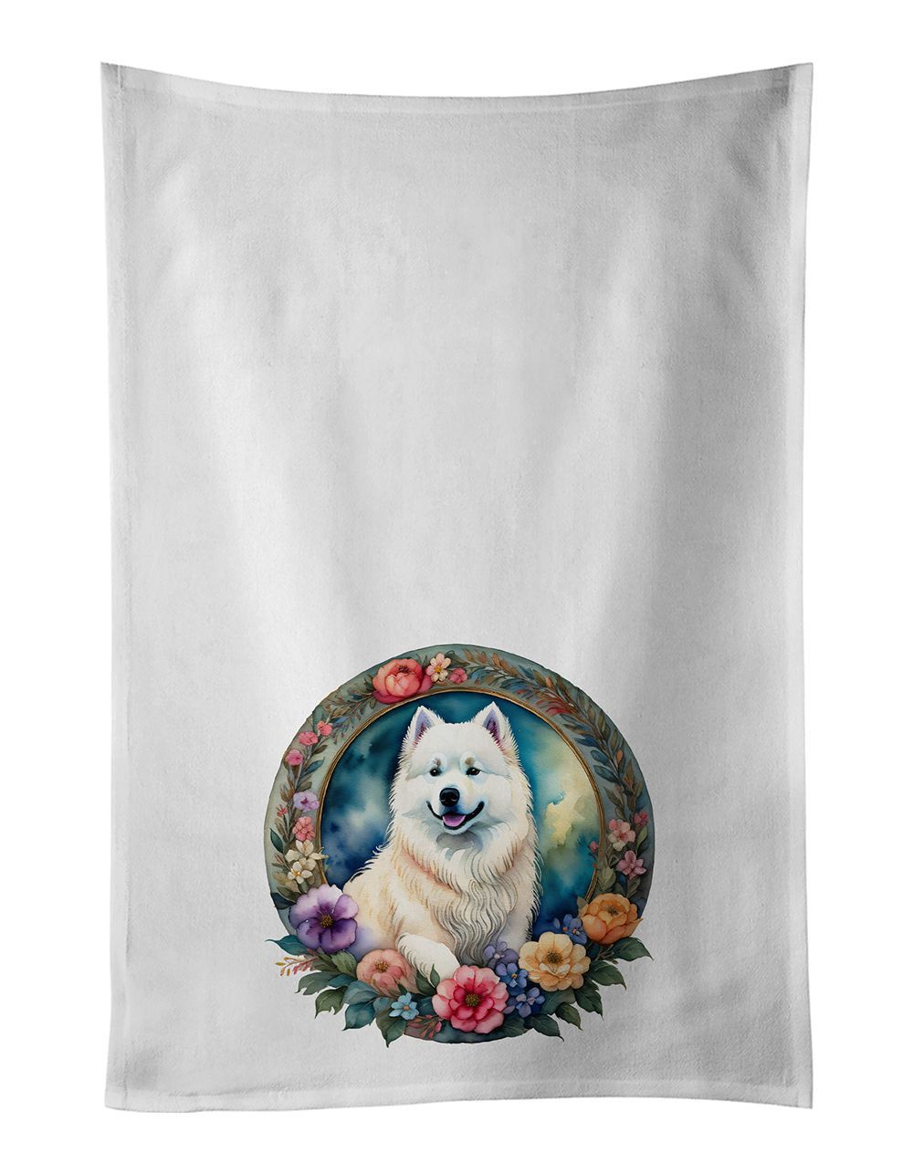 Samoyed And Flowers Kitchen Towel Set Of 2 White Dish Towels Decorative Bathroom Hand Towel For Hand, Face, Hair, Yoga, Tea, Dishcloth, 19 X 28", White_maomaolike.com