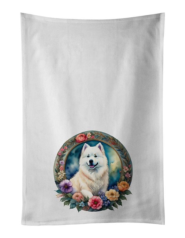 Samoyed And Flowers Kitchen Towel Set Of 2 White Dish Towels Decorative Bathroom Hand Towel For Hand, Face, Hair, Yoga, Tea, Dishcloth, 19 X 28", White_maomaolike.com