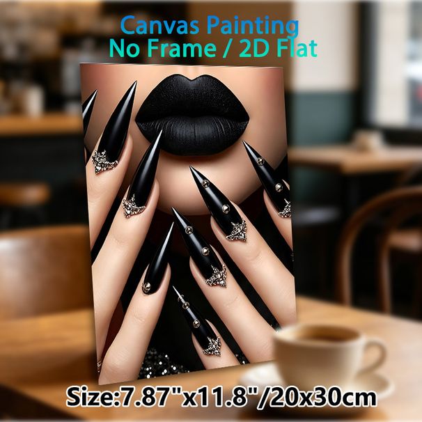 Gothic Lips & Stiletto Nails Painting Poster, Mysterious Dark Glam Poster, Matte Black Lips With Ornate Studded Stiletto Nails, Stylish Gothic Decor_maomaolike.com