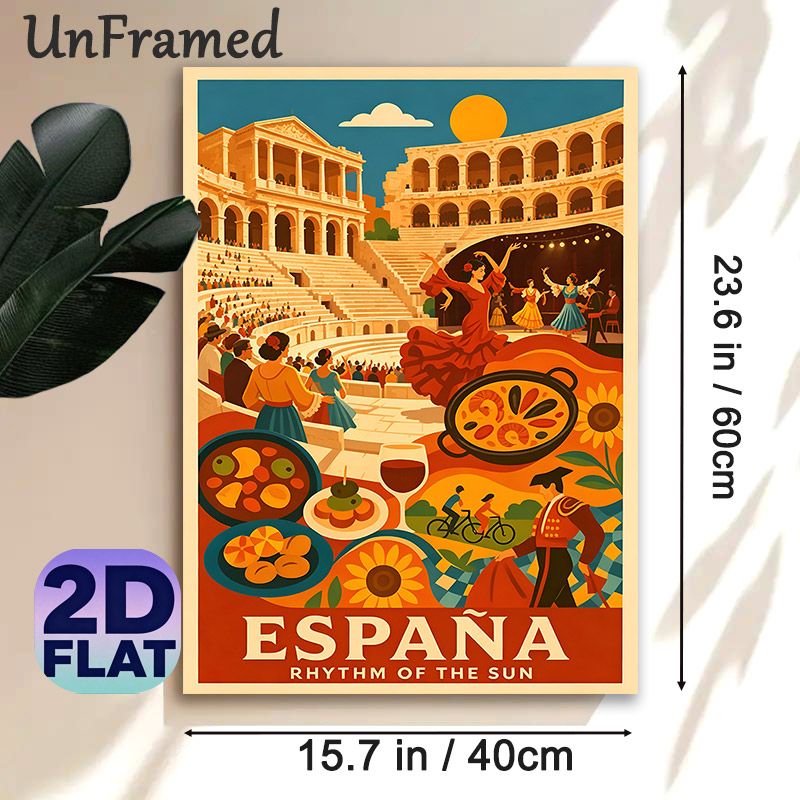 Spanish Culture Themed Painting Poster, Vibrant Retro Style Poster, Features Lively Flamenco Dance, Classic Spanish Dishes And Iconic Arena, Suitable_maomaolike.com