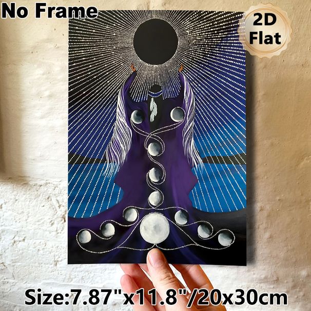 Moon Phase Goddess Painting Poster, Mystical Spiritual Style Poster, Dark Robed Figure With Moon Phase Cycle & Dotted Radiant Details_maomaolike.com