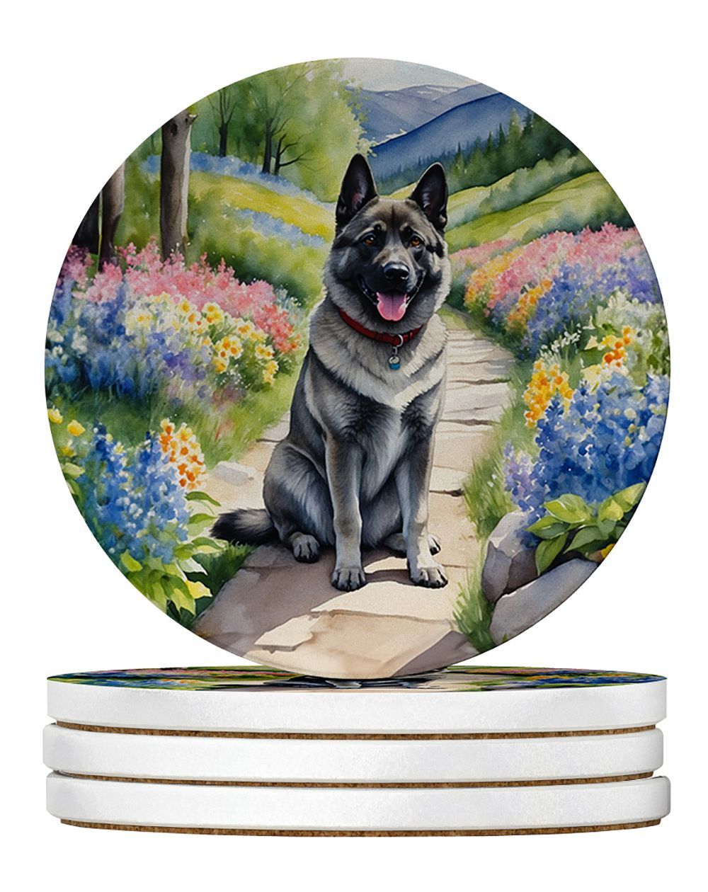 Norwegian Elkhound Spring Path Large Sandstone Coasters Pack Of 4 Absorbent Round Coasters Decor Gifts For Men Or Women, 4 In, Multicolor_maomaolike.com