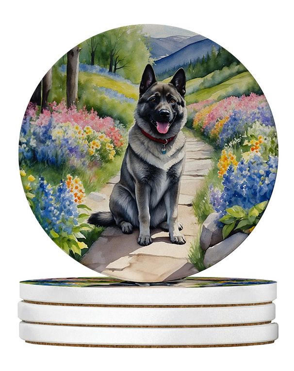 Norwegian Elkhound Spring Path Large Sandstone Coasters Pack Of 4 Absorbent Round Coasters Decor Gifts For Men Or Women, 4 In, Multicolor_maomaolike.com