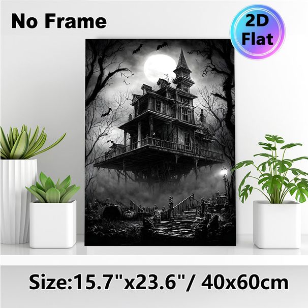 Haunted House Themed Painting Poster, Monochrome Gothic Spooky Scene Poster, Eerie Atmospheric Decor Ideal For Home And Halloween Party Spaces_maomaolike.com
