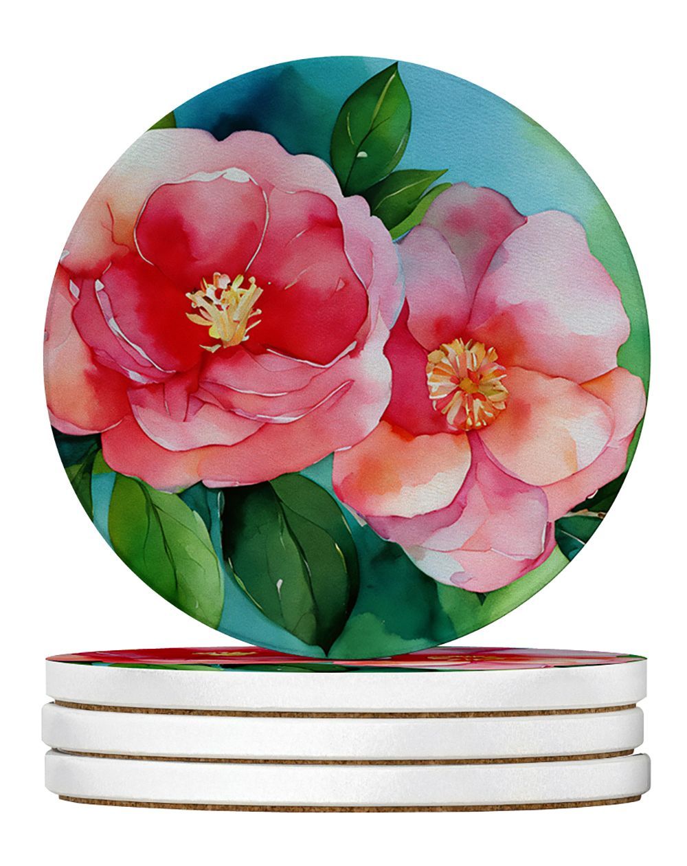 Alabama Camellia In Watercolor Large Sandstone Coasters Pack Of 4 Absorbent Round Coasters Decor Gifts For Men Or Women, 4 In, Multicolor_maomaolike.com