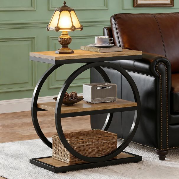 3-Tier End Table, Industrial Sofa Side Table With Round Metal Frame_maomaolike.com