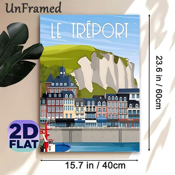 Le Tréport Coastal Town Travel Painting Poster, Vibrant Retro Illustrated Seaside Town Scene Poster, Charming Nostalgic Decor Ideal For Home, Living_maomaolike.com