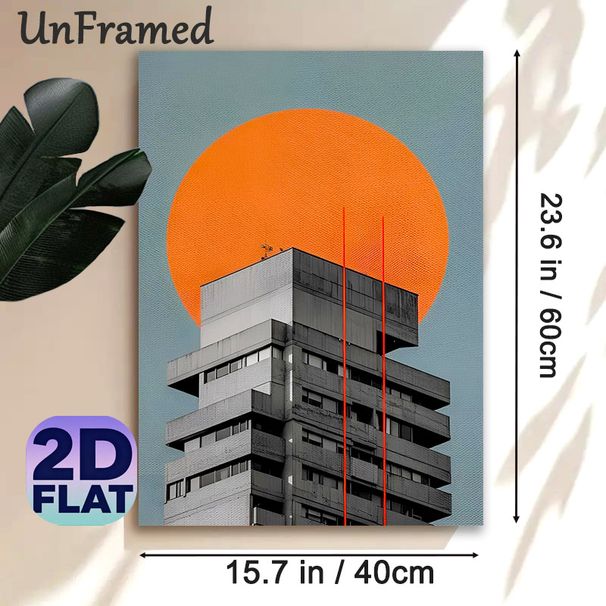 Modern Architecture Abstract Painting Poster, Minimalist Gray Geometric Building With Bold Orange Circle Poster, Sleek Urban Abstract Art For Living_maomaolike.com