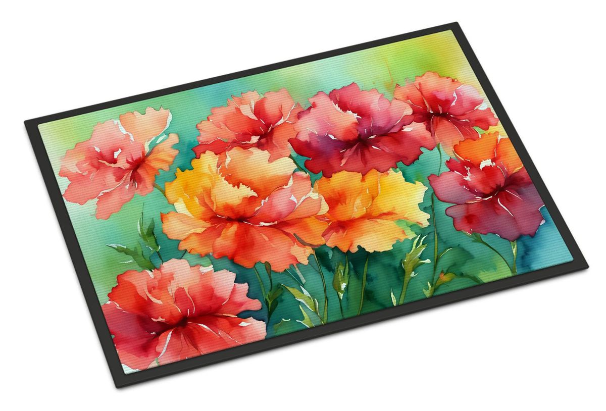 Ohio Scarlet Carnations In Watercolor Doormat Front Door Mat Indoor Outdoor Rugs For Entryway, Non Slip Washable Low Pile, 24H X 36W_maomaolike.com