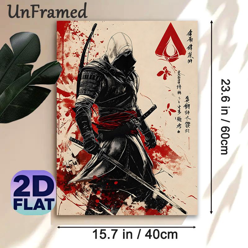 Ninja Assassin Painting Poster, Vintage Ink-wash Style Poster, Bold Black-and-red Hooded Warrior With Swords And Bow, Striking Artistic Decor Ideal_maomaolike.com