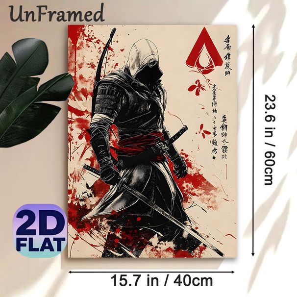 Ninja Assassin Painting Poster, Vintage Ink-wash Style Poster, Bold Black-and-red Hooded Warrior With Swords And Bow, Striking Artistic Decor Ideal_maomaolike.com