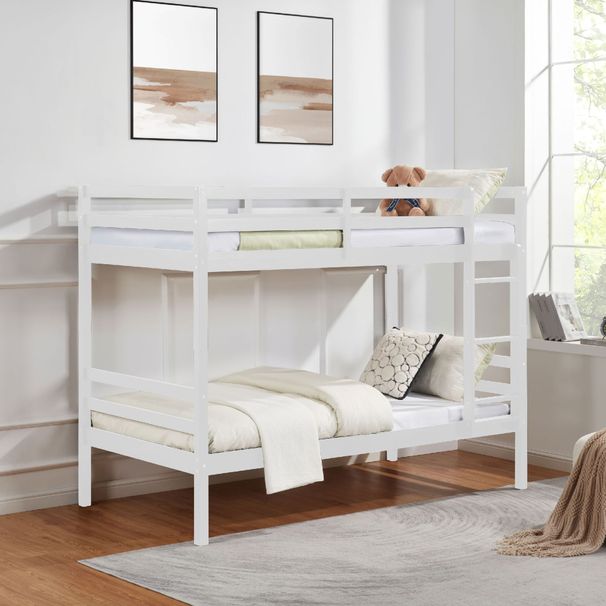 Twin Over Twin Bunk Bed With Ladder,Wooden Bunk Bed With High Guardrail And Ladder For Kids, Teens, Dorm Rooms, And Guest Rooms,No Box Spring Needed,White_maomaolike.com