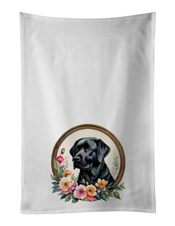 Black Labrador Retriever And Flowers Kitchen Towel Set Of 2 White Dish Towels Decorative Bathroom Hand Towel For Hand, Face, Hair, Yoga, Tea, Dishcloth, 19 X 28", White_maomaolike.com