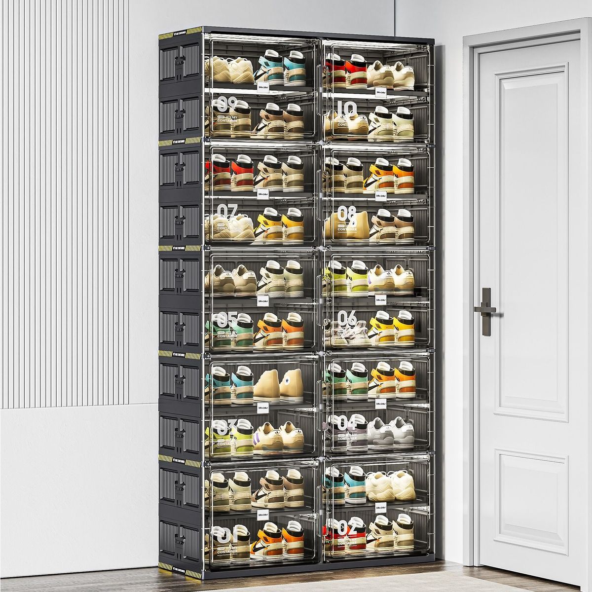 10 Tiers 40 Pairs Hard Plastic Shoe Storage Organizer Cabinet For Entryway, Large Stackable Collapsible Sneaker Shoe Box Organizer For Closet, Portable Folding Shoe Cabinet With Doors, Black_maomaolike.com