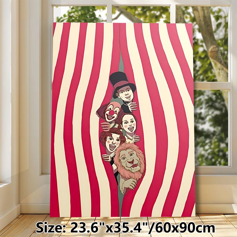 Circus Themed Painting Poster, Vibrant Vintage Cartoon Style Poster, Cheerful Design Featuring Circus Performers Peeking From Striped Curtain, Ideal_maomaolike.com