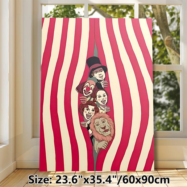 Circus Themed Painting Poster, Vibrant Vintage Cartoon Style Poster, Cheerful Design Featuring Circus Performers Peeking From Striped Curtain, Ideal_maomaolike.com