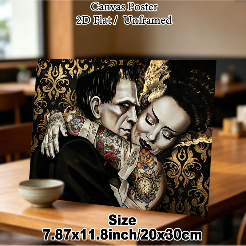 Gothic Monster Couple Painting Poster, Vintage Dark-toned Tattooed Monster Pair With Ornate Golden Filigree Poster, Unique Gothic Art Ideal For_maomaolike.com