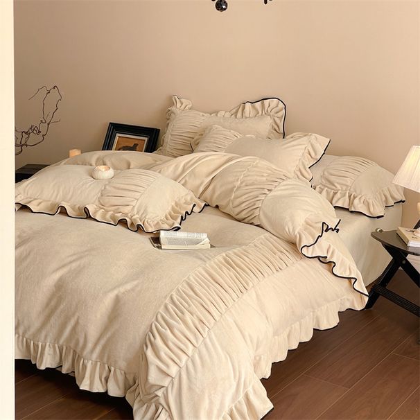 Wholesale INS French Milk Velvet Four-Piece Princess Style Thickened Warm Coral Fleece Pleated Lace 4-Piece Set_maomaolike.com