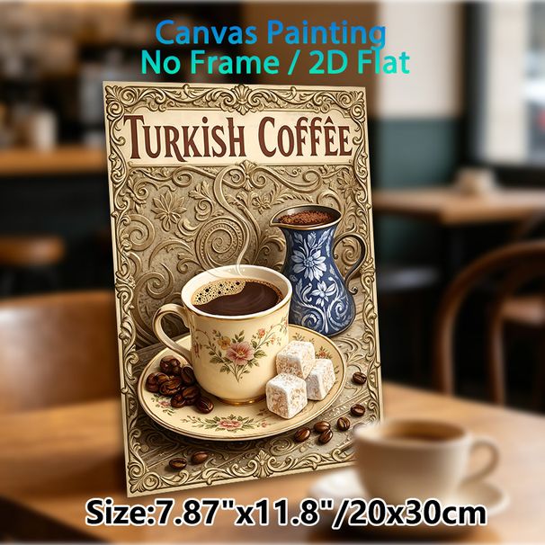 Turkish Coffee Painting Poster, Vintage Ornate Retro Style Poster, Featuring Floral Coffee Cup, Blue Pot, Turkish Delight And Coffee Beans, Brings_maomaolike.com
