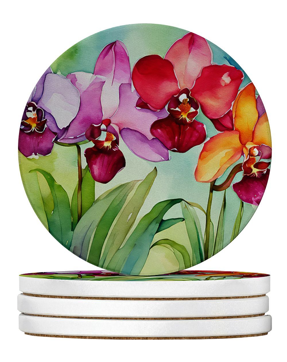 Orchids In Watercolor Large Sandstone Coasters Pack Of 4 Absorbent Round Coasters Decor Gifts For Men Or Women, 4 In, Multicolor_maomaolike.com