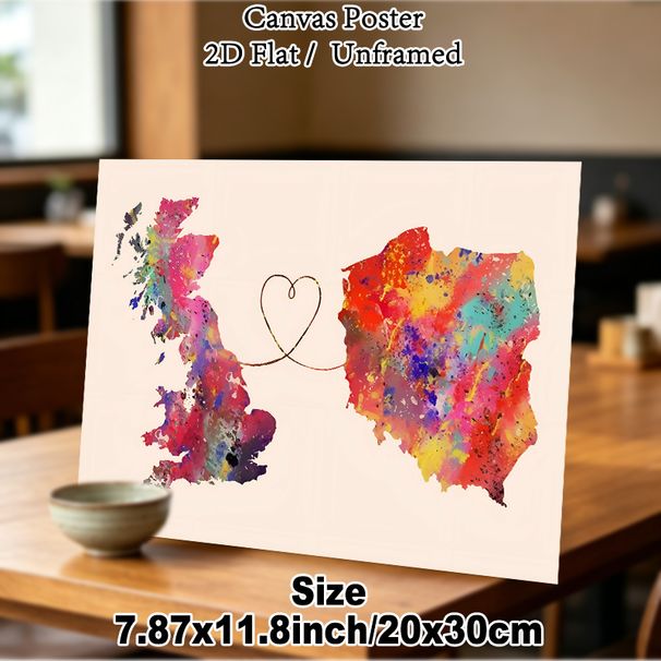 UK & Partner Country Heart-connected Painting Poster, Vibrant Watercolor Splatter Map Poster, Warm Bond-themed Decor Ideal For Living Room, Bedroom Or_maomaolike.com