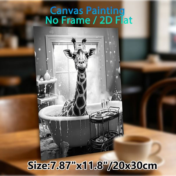 Giraffe Bathtub Themed Painting Poster, Monochrome Whimsical Animal Scene Poster, Playful Humorous Design, Ideal Wall Decor For Bathroom And Living_maomaolike.com