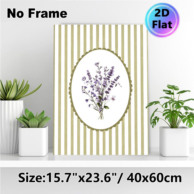 Lavender Floral Painting Poster, Vintage Striped Background With Delicate Pressed Lavender In Scalloped Oval Frame Poster, Soft Elegant Decor For_maomaolike.com