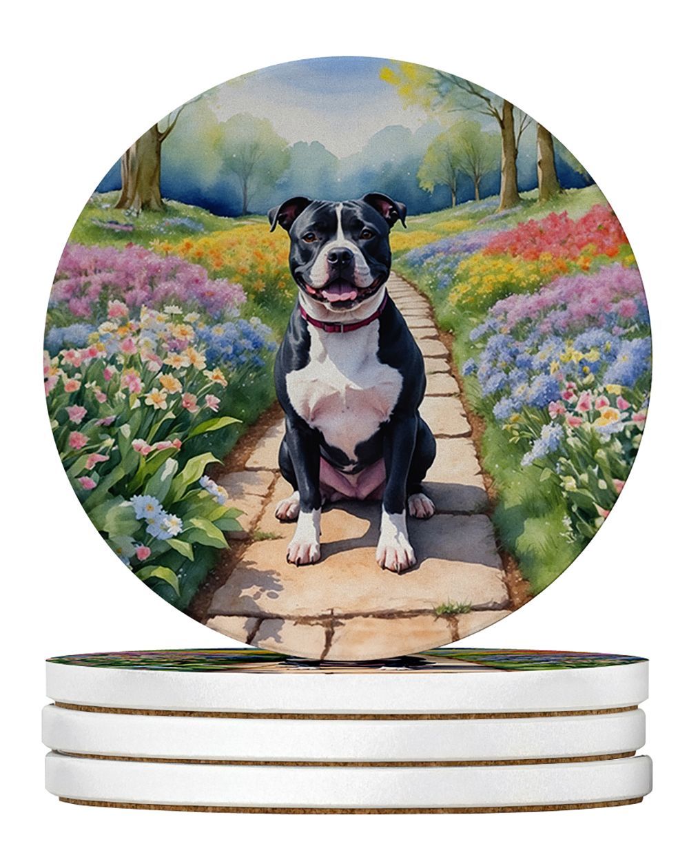 Staffordshire Bull Terrier Spring Path Large Sandstone Coasters Pack Of 4 Absorbent Round Coasters Decor Gifts For Men Or Women, 4 In, Multicolor_maomaolike.com