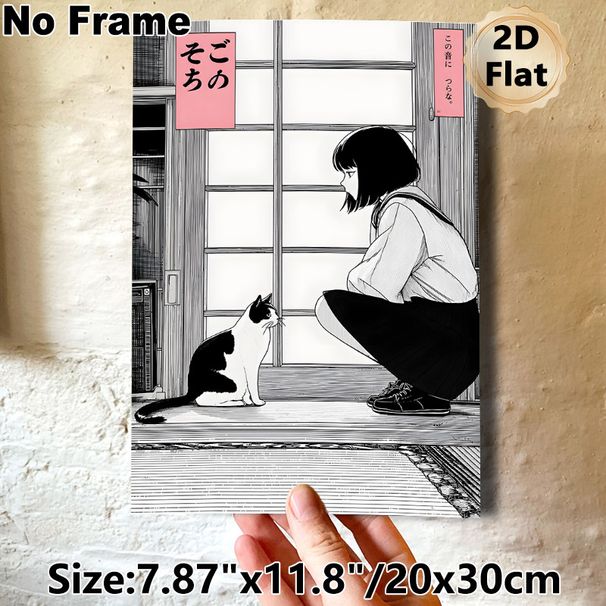 Anime Girl & Cat Painting Poster, Monochrome Japanese Manga Style Poster, Calm Indoor Scene Of Girl Interacting With Cat By Window, Suitable For_maomaolike.com