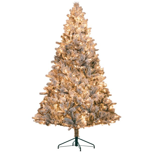 Pre-Lit Artificial Christmas Tree With Clear Lights And Tips, Snow Flocked Christmas Tree With Metal Stand, Hinged Xmas Tree For Home Office Holiday_maomaolike.com