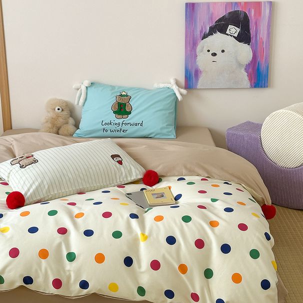 Wholesale INS Dopamine Cartoon Polka Dot Bear Embroidery Washed Four-Piece All 4-Piece Set Pure Cotton Bedding_maomaolike.com