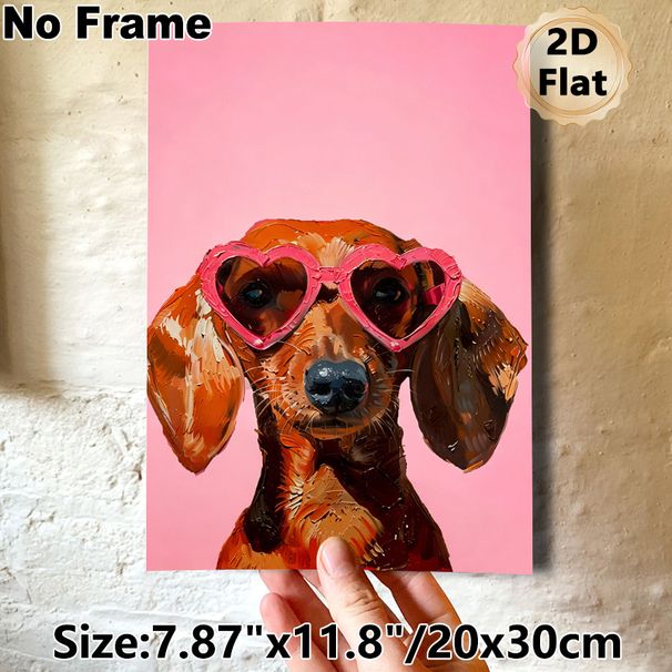 Dachshund Painting Poster, Vibrant Textured Oil Painting Style Poster, Cute Dachshund With Heart-shaped Sunglasses, Playful Decor For Living Room_maomaolike.com