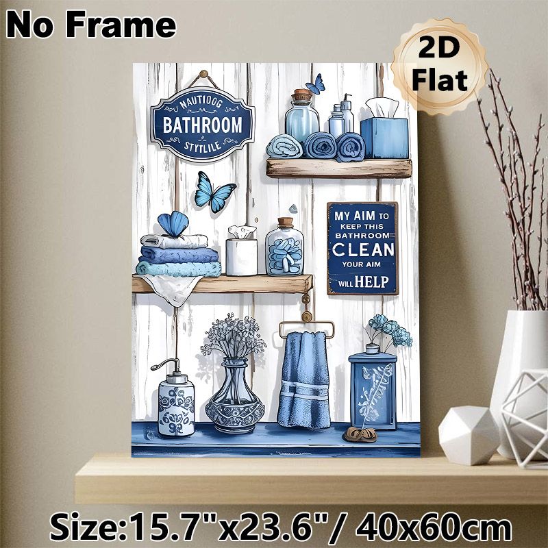 Nautical Bathroom Painting Poster, Vintage Coastal Blue-toned Bathroom Essentials Poster, With Rustic Shelves & Playful Signs, Adds Cozy Tidy Vibe For_maomaolike.com