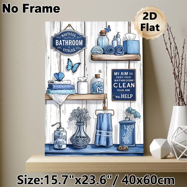 Nautical Bathroom Painting Poster, Vintage Coastal Blue-toned Bathroom Essentials Poster, With Rustic Shelves & Playful Signs, Adds Cozy Tidy Vibe For_maomaolike.com