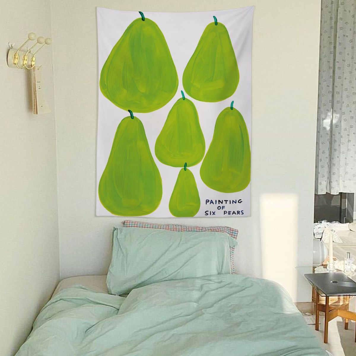 Six Beautiful Green Pears Fun Background Cloth Bedroom Bed Dormitory High-end Painting Fabric Vertical Hanging_maomaolike.com