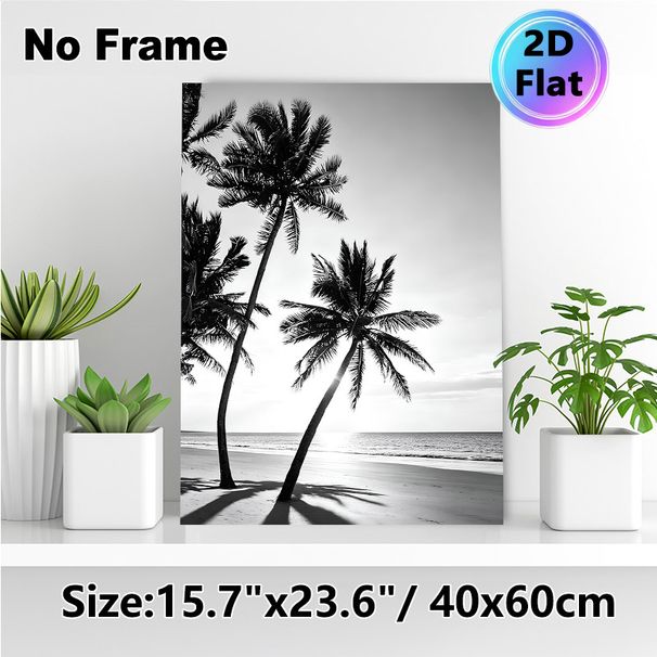 Beach Palm Tree Painting Poster, Monochrome Silhouetted Palm Trees On Sunlit Beach Poster, Provides Tranquil Coastal Atmosphere, Suitable For Living_maomaolike.com