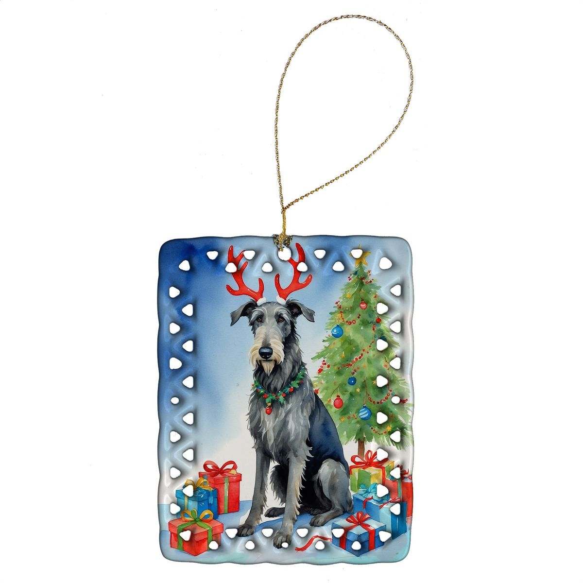 Scottish Deerhound Christmas Reindeer Porcelain Ornament Christmas Tree Hanging Decorations For Home Christmas Holiday, Rectangle, Gift, Multicolor_maomaolike.com