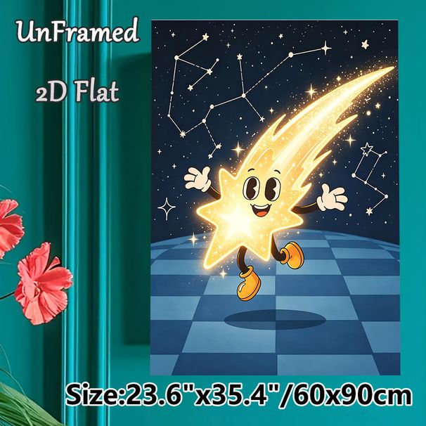 Cartoon Shooting Star Painting Poster, Glowing Vintage Cartoon Style Poster, Whimsical Cheerful Shooting Star With Cosmic Constellations, Charming_maomaolike.com