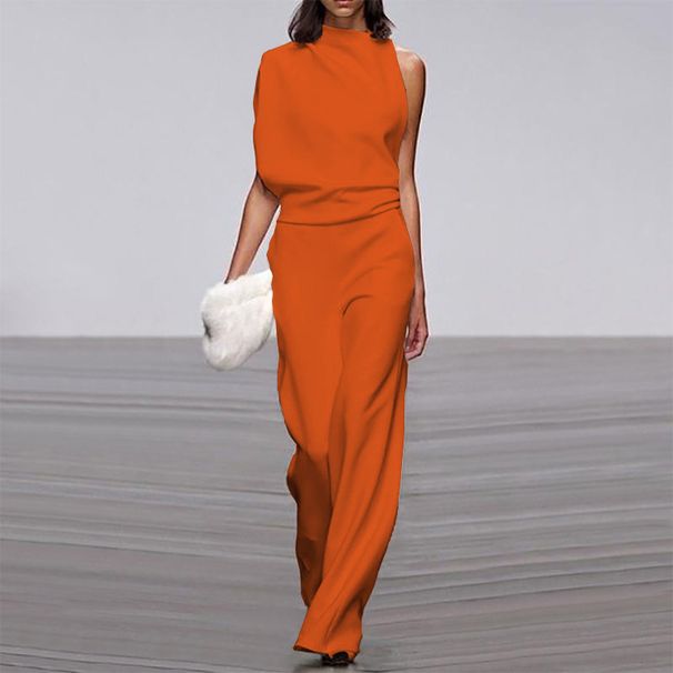 Women's clothing pants solid color one-shoulder pile collar jumpsuit hot selling hot dress pants_maomaolike.com