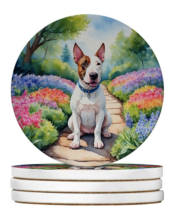 English Bull Terrier Spring Path Large Sandstone Coasters Pack Of 4 Absorbent Round Coasters Decor Gifts For Men Or Women, 4 In, Multicolor_maomaolike.com