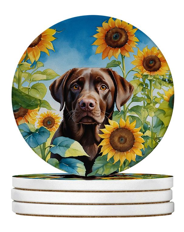 Labrador Retriever In Sunflowers Large Sandstone Coasters Pack Of 4 Absorbent Round Coasters Decor Gifts For Men Or Women, 4 In, Multicolor_maomaolike.com