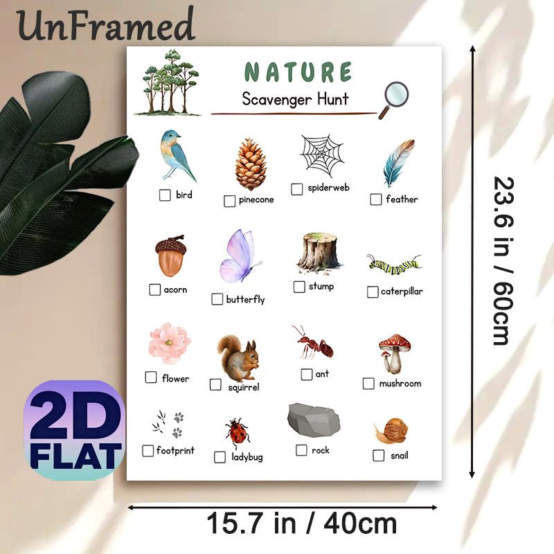 Nature Scavenger Hunt Painting Poster, Watercolor Forest & Wildlife Elements Poster, Practical Checklist For Outdoor Exploration, Ideal For Hiking_maomaolike.com