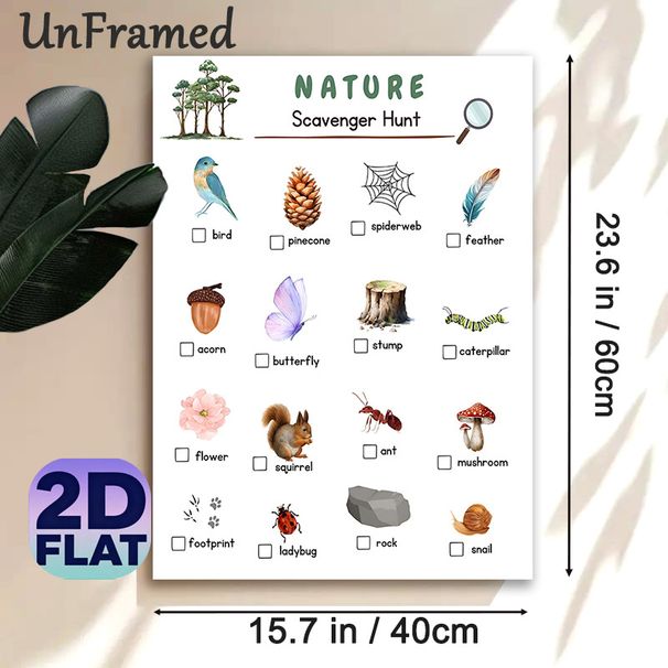 Nature Scavenger Hunt Painting Poster, Watercolor Forest & Wildlife Elements Poster, Practical Checklist For Outdoor Exploration, Ideal For Hiking_maomaolike.com